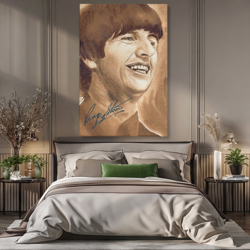 Tablou canvas cu tablou canvas portret ringo starr, fara rama, pe sasiu de lemn, pe perete intr-un dormitor